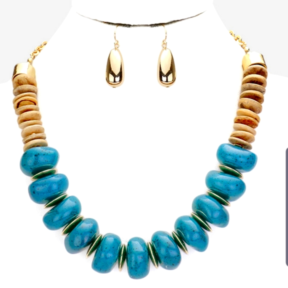 Wood & Teal Stone Necklace & Earrings Set